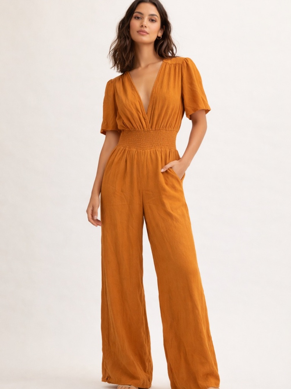 Wilfred Ilana Jumpsuit XXS Rust Orange Wide Leg Smocked Waist Aritzia